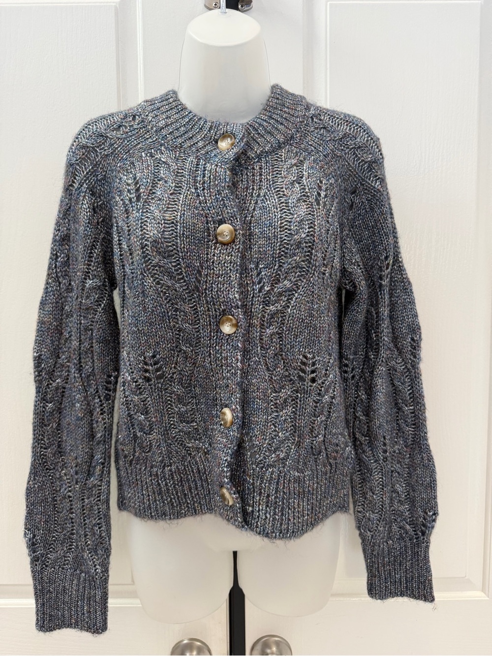 Gray Iridescent Cable Knit Button-Up SweaterSz XS